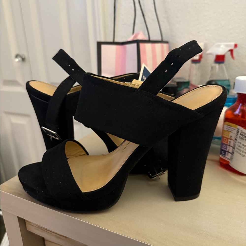 Black Suede Chunky Report Heels